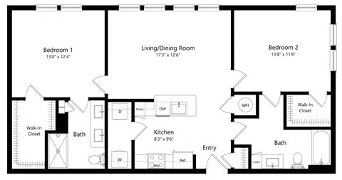 Floor plan for 2 beds, 2 baths, 1087 sqft